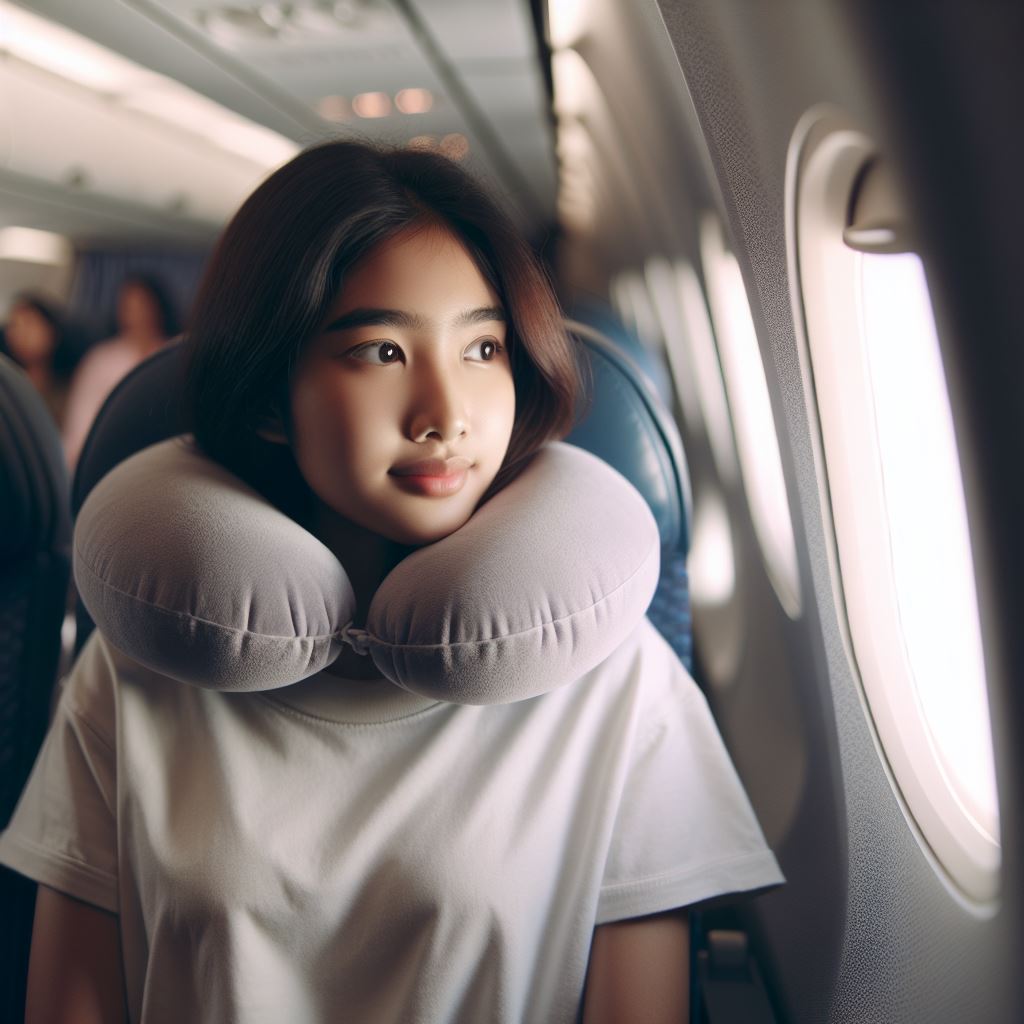 A girl sitting on a plane, wearing a neck pillow