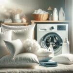 Different pillows (down, memory foam, and polyester) on a bed with cleaning supplies, showcasing how to wash pillows for a fresh and comfortable sleep