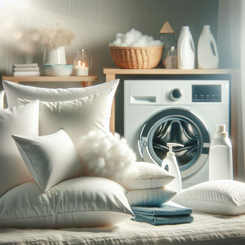 "Different pillows (down, memory foam, and polyester) on a bed with cleaning supplies, showcasing how to wash pillows for a fresh and comfortable sleep."
